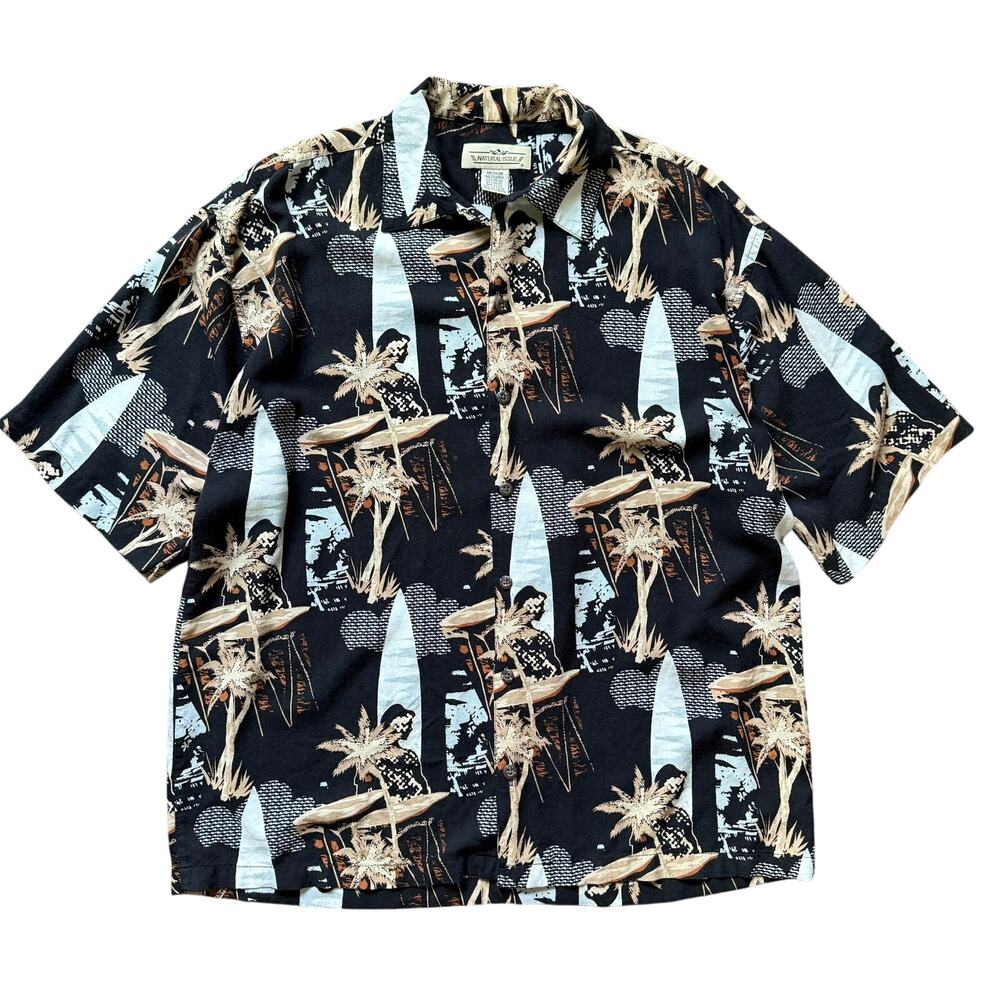 Natural Issue Vintage Hawaiian Shirt Rayon Black Palm Tree Surf Print Men M